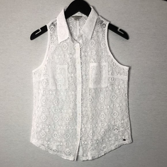 GUESS White Lace Button Down Sleeveless Top - Picture 6 of 6
